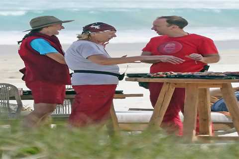 I’m A Celeb’s Matt Hancock, Jill Scott and Sue Cleaver enjoy surf and turf BBQ on the beach after..