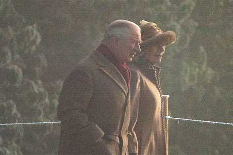 King Charles and Camilla enjoy morning walk in thick fog before Sandringham church service