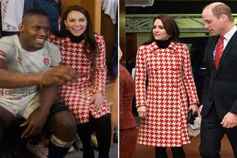 Kate Middleton stuns in houndstooth coat as she gate-crashes England’s dressing room at Six Nations