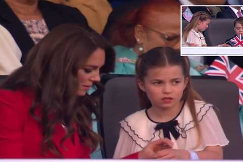 Sweet moment Princess Charlotte, 8, asks mum Kate for help as she sits next to brother George at..