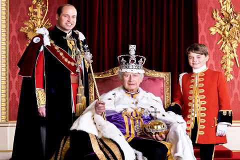 Newly crowned King Charles III proudly sits on throne flanked by two heirs Prince William & Prince..