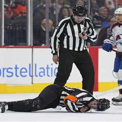 NHL referee Mitch Dunning stretchered off after scary collision during Flyers-Avalanche game