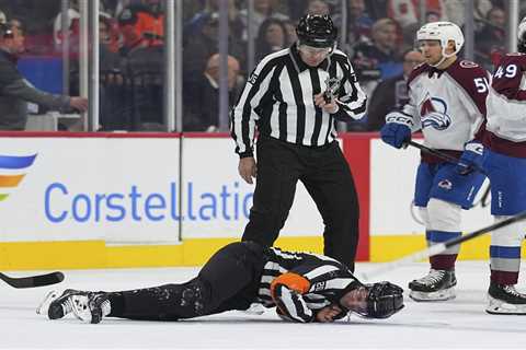 NHL referee Mitch Dunning stretchered off after scary collision during Flyers-Avalanche game