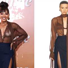 Meagan Good Wears LaQuan Smith Chocolate Organza Blouse and Navy Pinstripe Skirt to Lifetime Summer ..