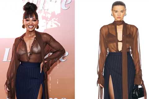 Meagan Good Wears LaQuan Smith Chocolate Organza Blouse and Navy Pinstripe Skirt to Lifetime Summer ..