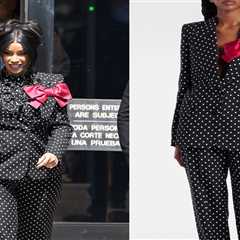 Cardi B Addresses Pregnancy Rumors at Civil Trial in Valentino Polka Dot Suits