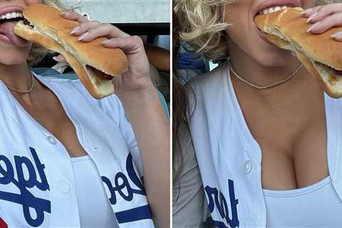 Guess the Babe With a Dodger Dog in Her Mouth!
