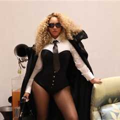 Beyonce Wears a Black Agent Provocateur Mercy Bustier and Black Amina Muaddi Yigit Pumps While..