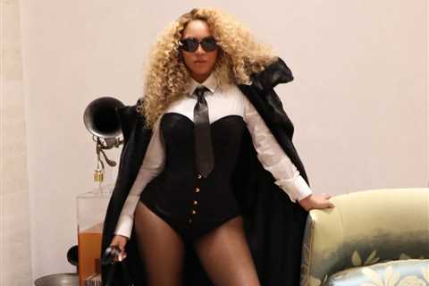 Beyonce Wears a Black Agent Provocateur Mercy Bustier and Black Amina Muaddi Yigit Pumps While..