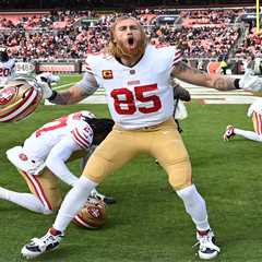 George Kittle rips rare Pokémon pack after 49ers’ blowout win: ‘That was sick’