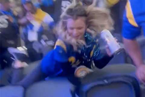 Rams fan tumbles down several rows after trying to kick spectator in wild stadium scene