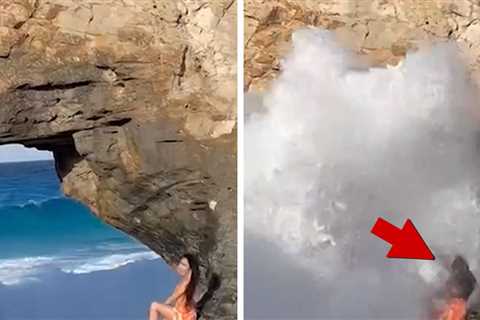 Monster Wave Wipes Out Woman Posing on Cliff, on Video