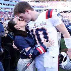 Drake Maye kisses wife Ann Michael on the field before start of Super Bowl 2026