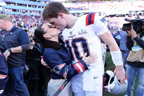Drake Maye kisses wife Ann Michael on the field before start of Super Bowl 2026